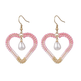 Серьги-подвески в форме сердца 304 из нержавеющей стали с бусинами из стекла, с пластмассовой жемчужиной abs, золотые