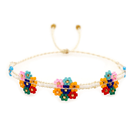 Friendship Flower Loom Pattern Miyuki Seed Beads Bracelets for Women, Adjustable Nylon Cord Braided Bead Bracelets