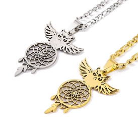 304 Stainless Steel Necklaces, Owl with Woven Net/Web with Feather Pendant Necklaces