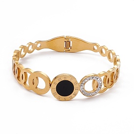 Vacuum Plating 201 Stainless Steel Bangles, with Black Resin and Polymer Clay Crystal Rhinestone, Flat Round with Roman Numeral