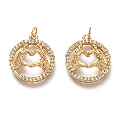 Brass Micro Pave Clear Cubic Zirconia Pendants, with Jump Rings, Long-Lasting Plated, Flat Round with Hand Heart