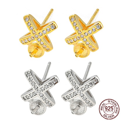 Cross 925 Sterling Silver Micro Pave Clear Cubic Zirconia Stud Earring Findings, Earring Settings for Half Drilled Beads, with S925 Stamp