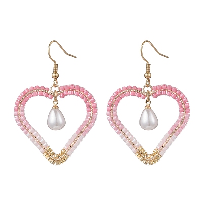 Серьги-подвески в форме сердца 304 из нержавеющей стали с бусинами из стекла, с пластмассовой жемчужиной abs, золотые