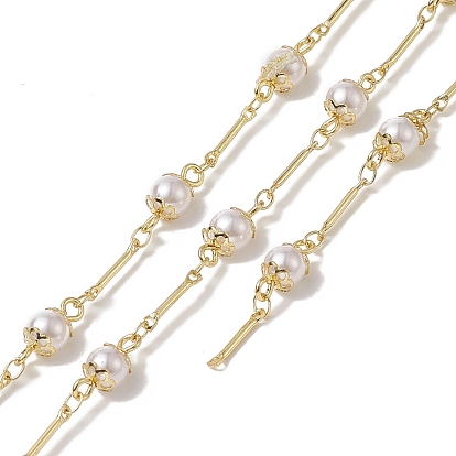 Rack Plating Brass Bar Link Chains, with Plastic Pearl Flower Beaded, Unwelded, with Card Paper