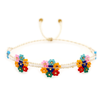 Friendship Flower Loom Pattern Miyuki Seed Beads Bracelets for Women, Adjustable Nylon Cord Braided Bead Bracelets