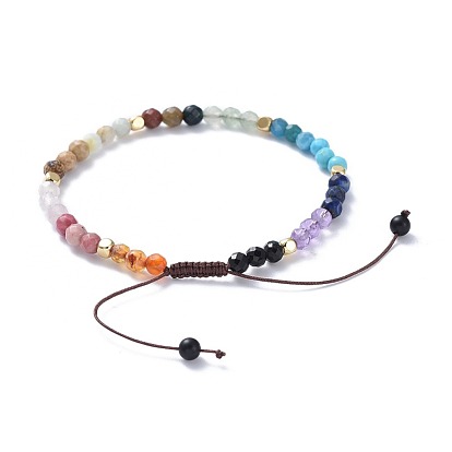 Adjustable Nylon Thread Braided Beads Bracelets, with Faceted Natural & Synthetic Mixed Gemstone Round Beads and Brass Cube Beads, Faceted