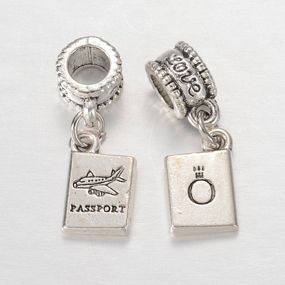 Rectangle with Word Passport Alloy European Dangle Large Hole Pendants, 26mm, Hole: 4.5mm