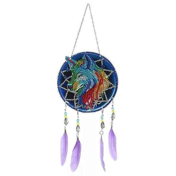 Wolf & Woven Net/Web with Feather DIY Diamond Painting Suncatcher Pendant Decoration Kit, Including Resin Rhinestones Bag, Diamond Sticky Pen, Tray Plate and Glue Clay