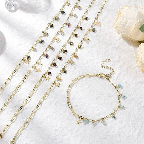 Браслеты на ногу из натурального ларимара/мохового агата/флюорита/рутилового кварца/гранатовой крошки с подвесками из латуни и цепочкой Фигаро, с 304 звездами из нержавеющей стали