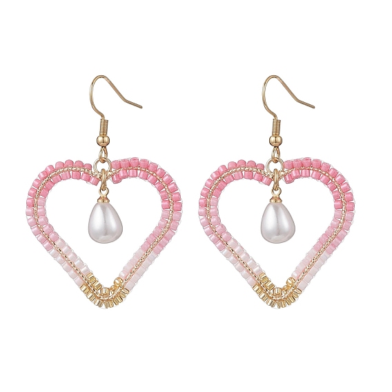 Серьги-подвески в форме сердца 304 из нержавеющей стали с бусинами из стекла, с пластмассовой жемчужиной abs, золотые