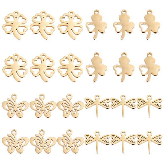 24Pcs 4 Style 304 Stainless Steel Pendants, Laser Cut, Mixed Shape