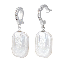 Natural Freshwater Pearl Pendants, Keshi Pearl Rectangle Charms with Brass Micro Pave Clear Cubic Zirconia Bails, Floral White