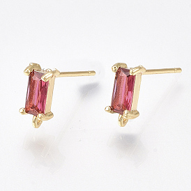 Brass Stud Earring Findings, Cubic Zirconia and Loop, Nickel Free, Real 18K Gold Plated, Rectangle