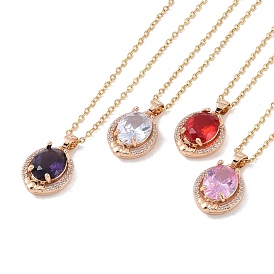 304 Stainless Steel Cable Chain Necklaces, Brass with Cubic Zirconia Pendant Necklaces, Real 18K Gold Plated, Oval