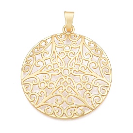 Plating Alloy Big Pendants, Hollow Flat Round with Flower, Lead Free & Nickel Free & Cadmium Free