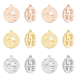 Unicraftale 12Pcs 3 Colors 304 Stainless Steel Pendants, Manual Polishing, Flat Round with Word LOVE, for Valentine's Day