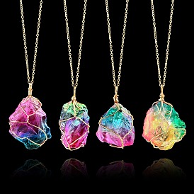 Rainbow Color Pride Flag Natural Dyed Quartz Irregular Nugget Pendant Necklace, Golden Alloy Wire Wrap Jewelry for Women