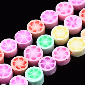 Handmade Polymer Clay Beads Strands, Flat Round with Flower