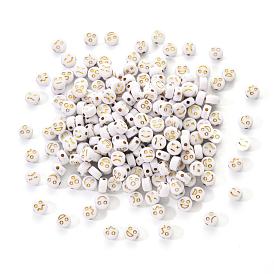 Opaque White Acrylic Beads, Metal Enlaced, Flat Round with Expression