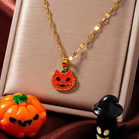 Stainless Steel Enamel Halloween Cat Pumpkin Pendant Dapped Chain Necklaces, Golden