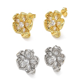 Laiton micro pave cubique zircone boucles d'oreilles conclusions, fleur, avec boucle, crémaillère plaquage, plaqué longue durée, sans cadmium et sans plomb