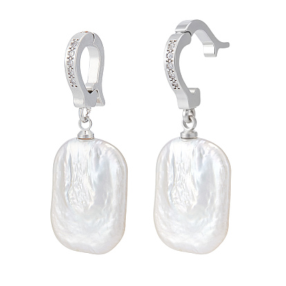 Natural Freshwater Pearl Pendants, Keshi Pearl Rectangle Charms with Brass Micro Pave Clear Cubic Zirconia Bails, Floral White