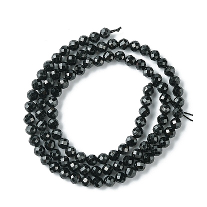 Natural Black Tourmaline Beads Strands, Faceted, Round