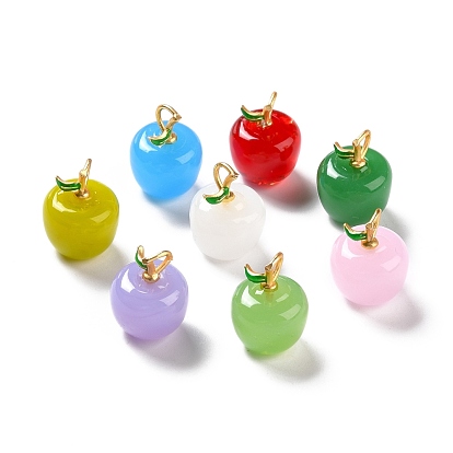 Handmade Lampwork Pendants, with Brass Findings, Cadmium Free & Lead Free, Matte Gold Color, Apple