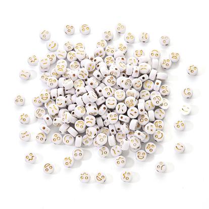 Opaque White Acrylic Beads, Metal Enlaced, Flat Round with Expression