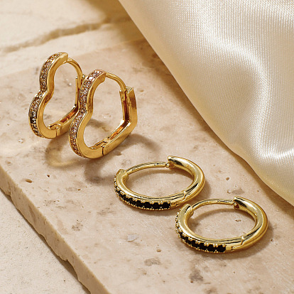 Латунные серьги обруча, со стразами, круглый/сердечный, золотые