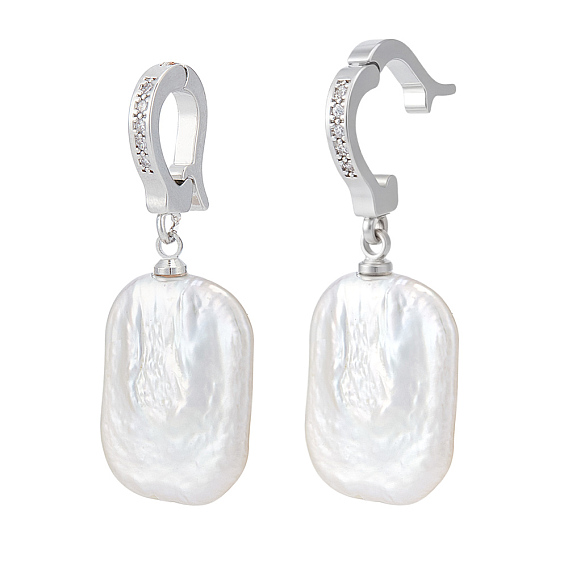Natural Freshwater Pearl Pendants, Keshi Pearl Rectangle Charms with Brass Micro Pave Clear Cubic Zirconia Bails, Floral White