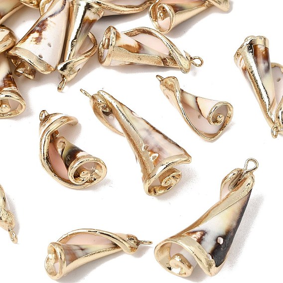 Brass & Natural Shell Pendants, Conch Shape Charms, with Golden Plated Edge