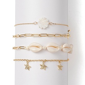 4Pcs 4 Style Natural Shell Beaded Anklets Set, Brass Starfish Charms Anklets with Paperclip Chains for Women