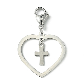 201 & 304 Stainless Steel Heart & Tiny Cross Pendant Decorations, with Lobster Claw Clasps