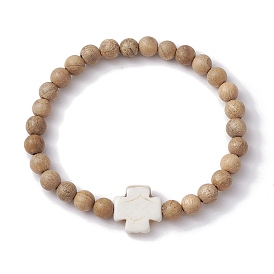 6mm Round Wood Beaded Stretch Bracelets, Cross Synthetic Turquoise Bracelets for Women