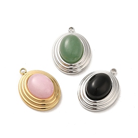 Natural Gemstone Pendants, 304 Stainless Steel Oval Charms
