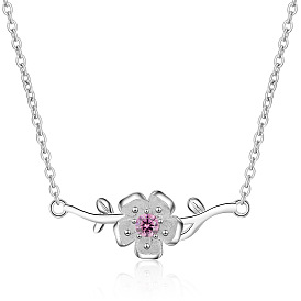 Pink Sakura Necklace - Artistic Style, Diamond Flower Pendant, Short Collarbone Chain.