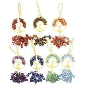Wire Wrapped Natural Gemstone Chip Tree of Life Pendant Decoratons, Braided Thread and Gemstone Chip Tassel for Bag Key Chain Hanging Ornaments