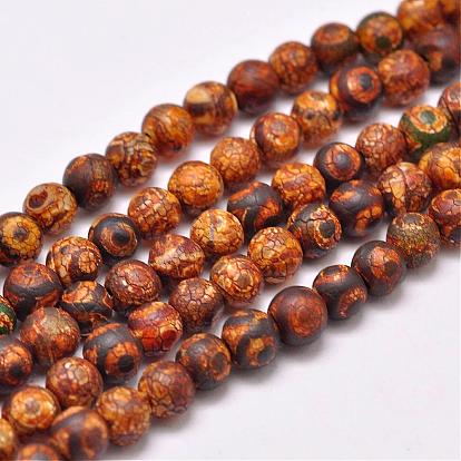 Brins de perles dzi de style tibétain naturel, teints et chauffée, Style mat, ronde