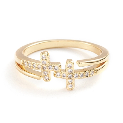 Adjustable Brass Micro Pave Clear Cubic Zirconia Cuff Rings, Open Rings, Cross, Long-Lasting Plated