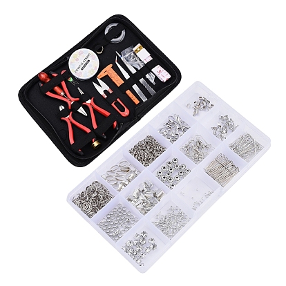 DIY Kit, with Imitation Leather Bag, Plastic Vernier Caliper, Carbon Steel Pliers, Stainless Steel Scissors & Bead Awls & Beading Tweezers, Iron Thread Guide Tool, Brass & Alloy Findings