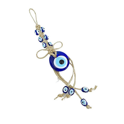 Flat Round with Evil Eye Glass Pendant Decorations, Tassel Hemp Rope Hanging Ornament