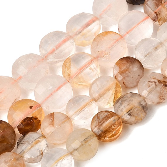 Natural Yellow Hematoid Quartz Golden Healer Quartz Beads Strands, Faceted Flat Round