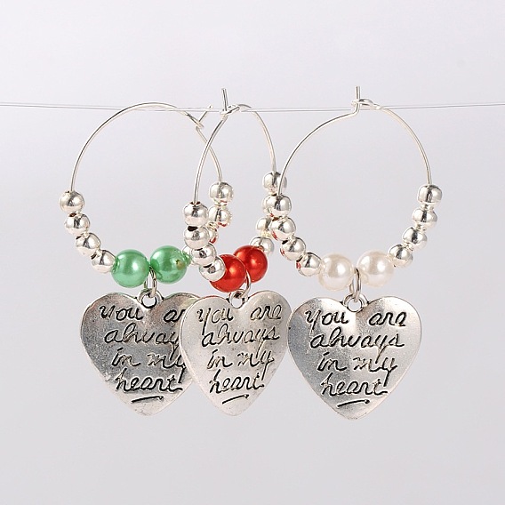 Corazón del estilo tibetano con la palabra siempre estás en mi corazón vino encantos de vidrio, plata antigua, 46 mm, pin: 0.7 mm