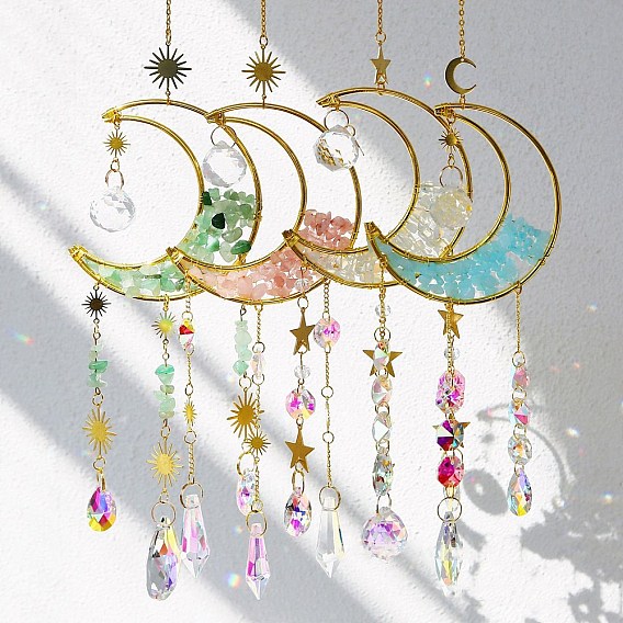 Natural & Synthetic Gemstone Wrapped Moon Hanging Ornaments, Teardrop Glass Tassel Suncatchers for Home Outdoor Decoration