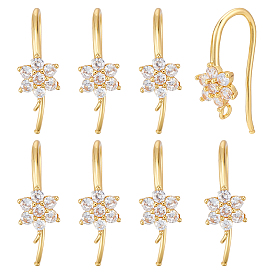 12шт. латунные микрофибровые серьги-крючки с паве из кубического циркония, провод уха, без никеля , цветок, с горизонтальной петлей, прозрачные
