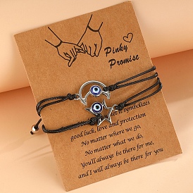 Valentine's Day Handmade Lampwork Evil Eye Star & Moon Link Bracelet Sets, Adjustable Wax Cord Bracelets for Couple