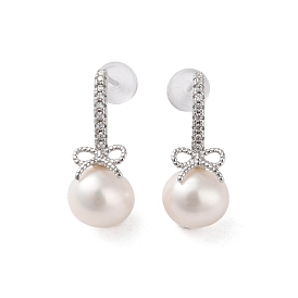 925 Sterling Silver Studs Earring, with Cubic Zirconia & Natural Pearl, Bowknot