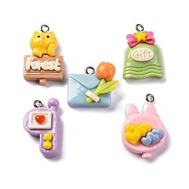 Romantic Style Opaque Resin Pendants, with Platinum Tone Iron Loops, Mixed Shapes