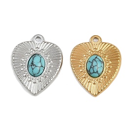 304 подвески из нержавеющей стали с синтетической бирюзой, сердце прелести, ионное покрытие (ip)